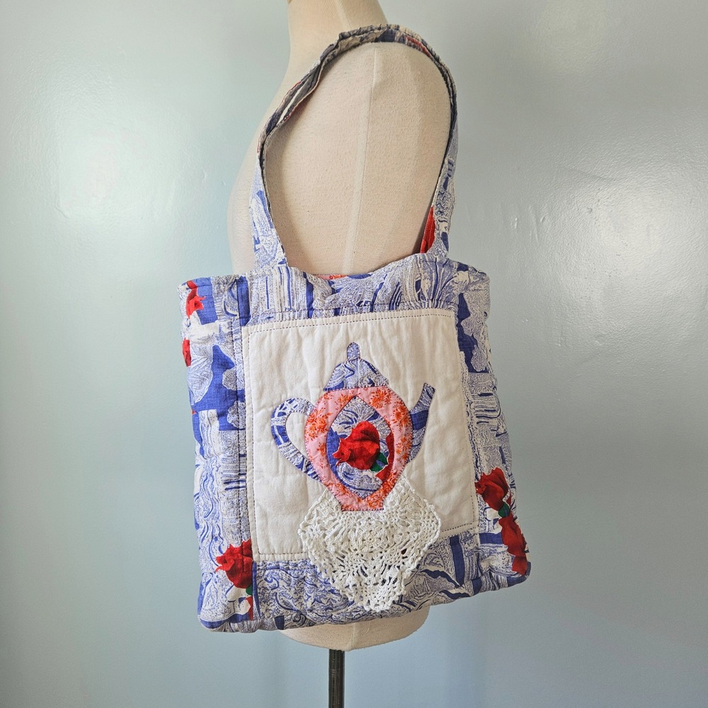 Handmade Quilted Tote Bag Blue Red‎ Floral Teapot Applique Crochet Doily Boho